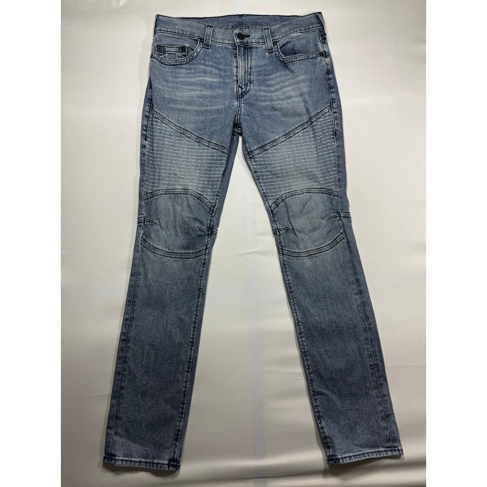 True Religion Men's Rocco Relaxed Skinny Moto Blue Denim Jeans - Size 36 (37x34)